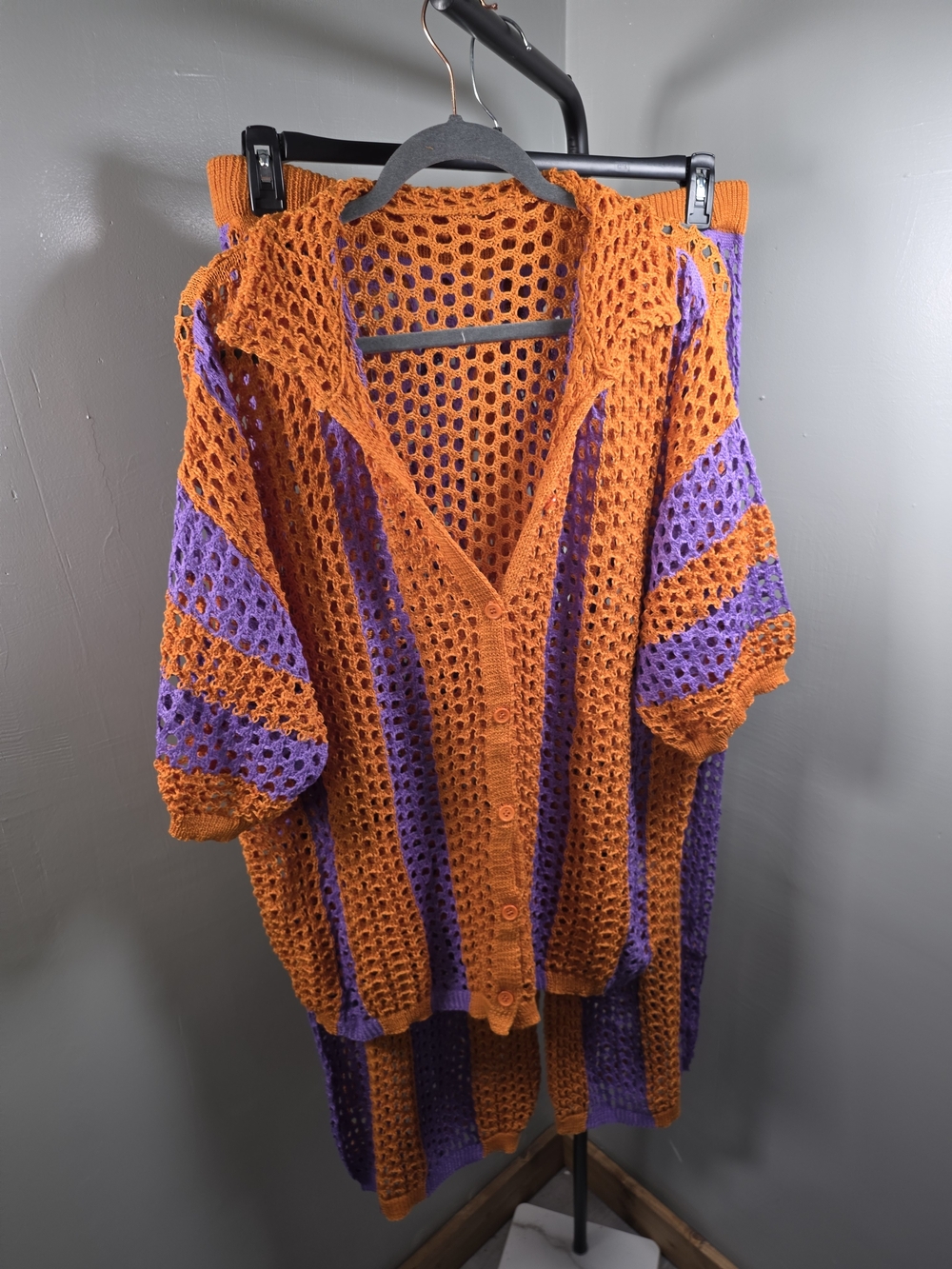 SHEIN Orange and Purple Crochet Button-Up Cover Cardigan